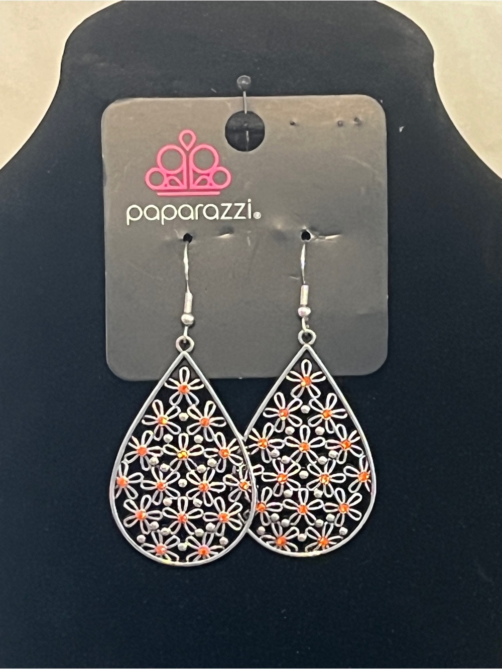 Paparazzi Silver Teardrop Floral Filigree Earrings with Orange Accents
